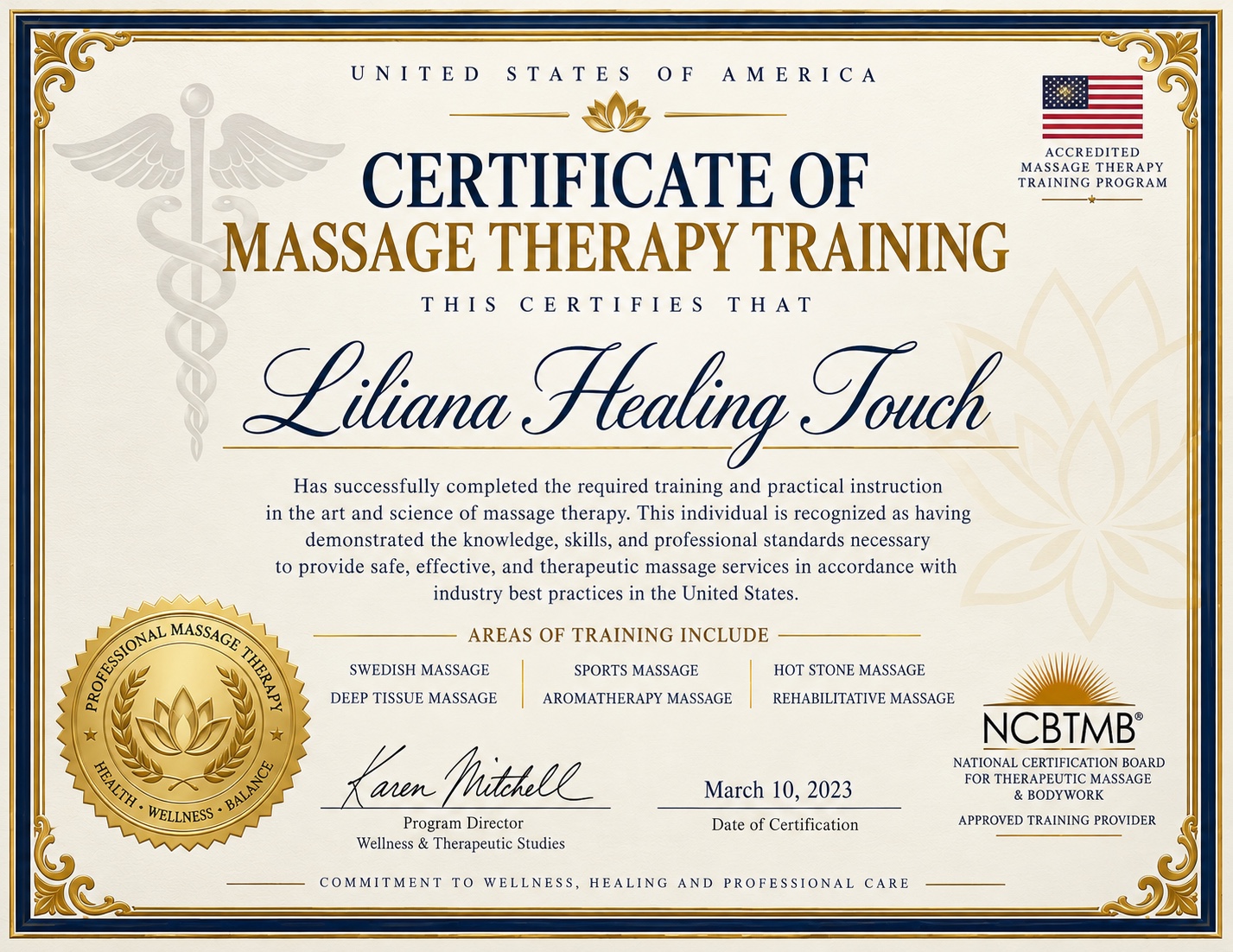 Submitted massage therapy training certificate dated March 10 2023